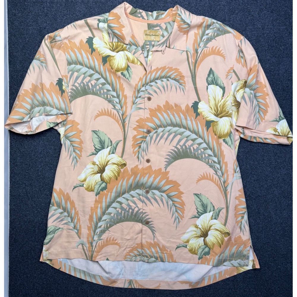 Tommy Bahama Mens XL Silk Tropical Hibiscus Palm Print Camp Shirt Peach Orange